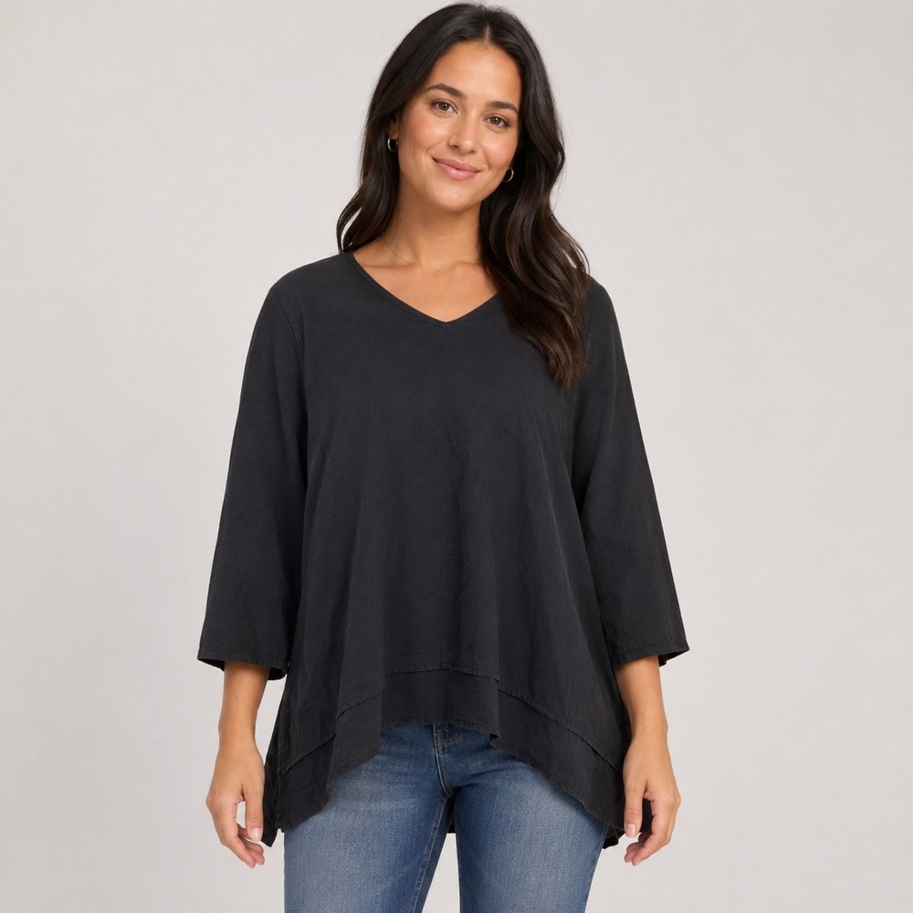 La Fixsun Tunic Top Womens M Black 100% Linen Sharkbite Hem V-Neck 3/4 Sleeve
